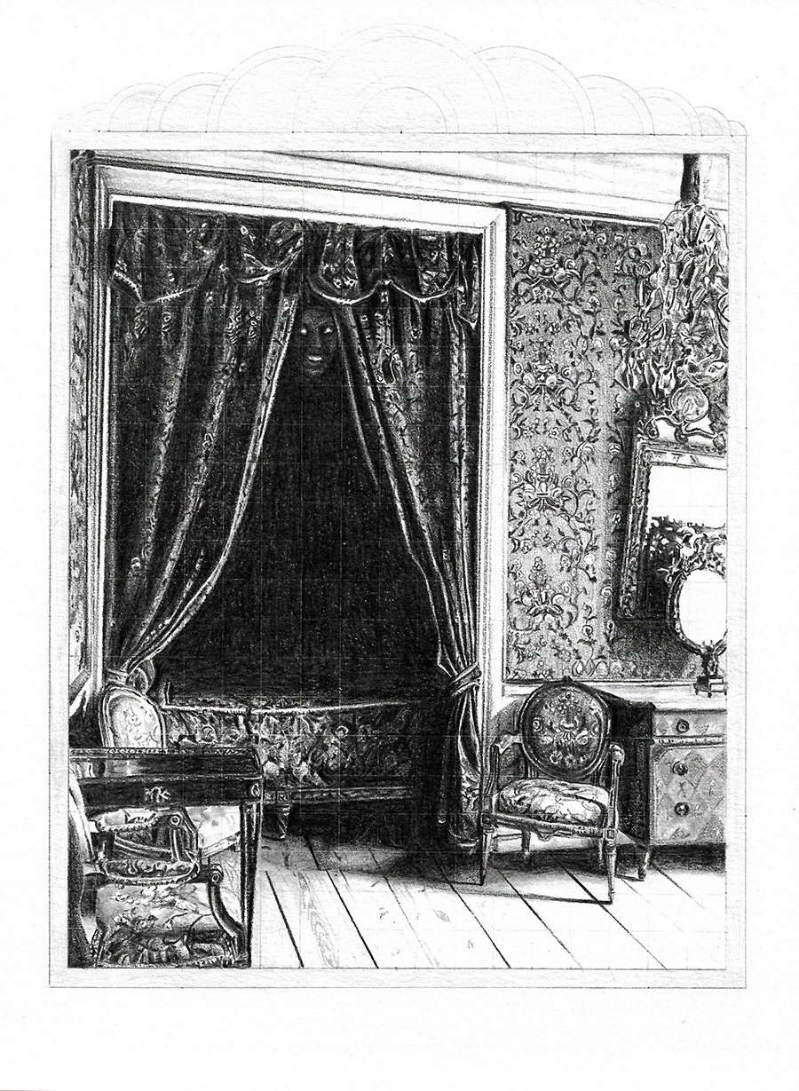 Bad Boudoir, graphite and black pencil on paper, 28cm x 21cm, 2017