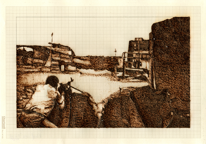 Fire and Forget, graphite and burned graph paper, 21cm x 9.71cm, 2014