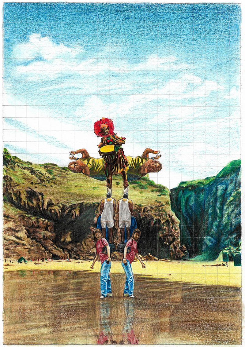 Totem with Tourists and Drummer, graphite and colour pencil on paper, 29.7cm x 21cm, 2017