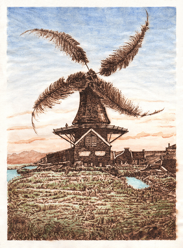 The Four Winds, graphite, watercolour and burnt paper, 28.4cm x 21cm, 2018