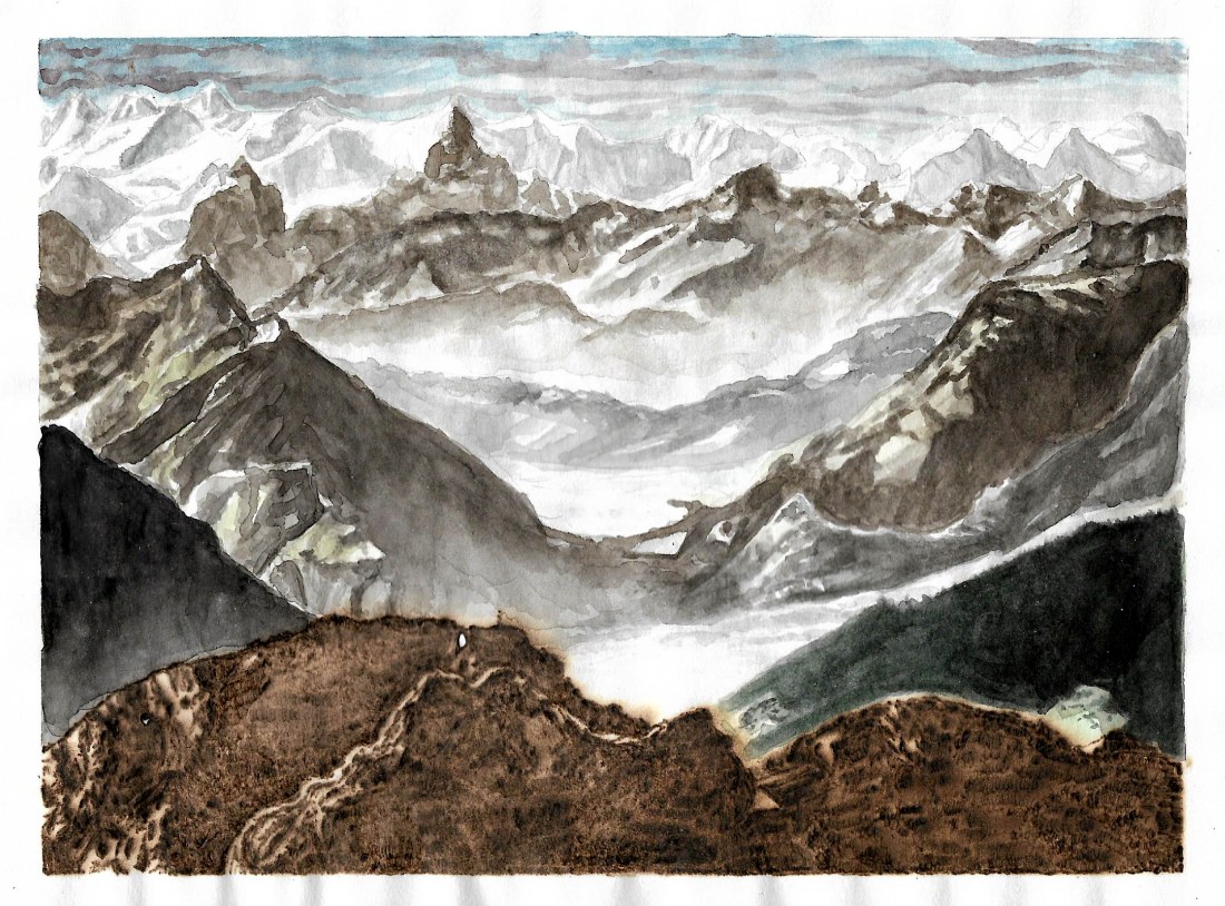 Friedrich's Theatre, graphite, watercolour and pyrography on paper. 14.8cm x 21cm, 2018