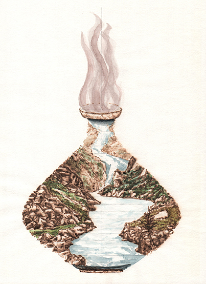 Dissolution, graphite, watercolour and pyrogoraphy on paper. 21cm x 14.8cm, 2018