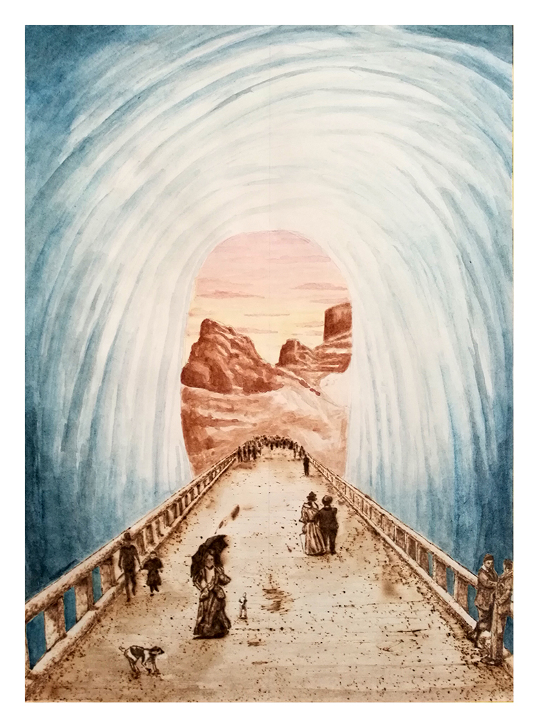 Interplanetary Flâneurs, graphite, watercolour and pyrography on paper. 29.7cm x 21cm, 2018