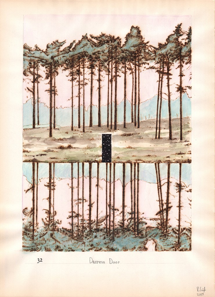 Daemon Door, graphite, aquarelle, watercolour and pyrography on found paper, 37cm x 27cm, 2019