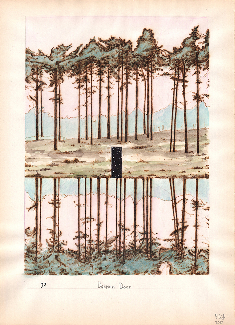 Daemon Door, graphite, aquarelle, watercolour and pyrography on found paper, 37cm x 27cm, 2019