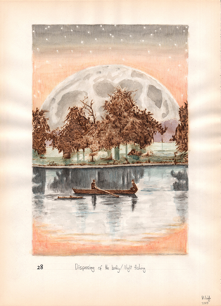 Disposing of the body/Night fishing, graphite, aquarelle, watercolour and pyrography on found paper, 37cm x 27cm, 2019