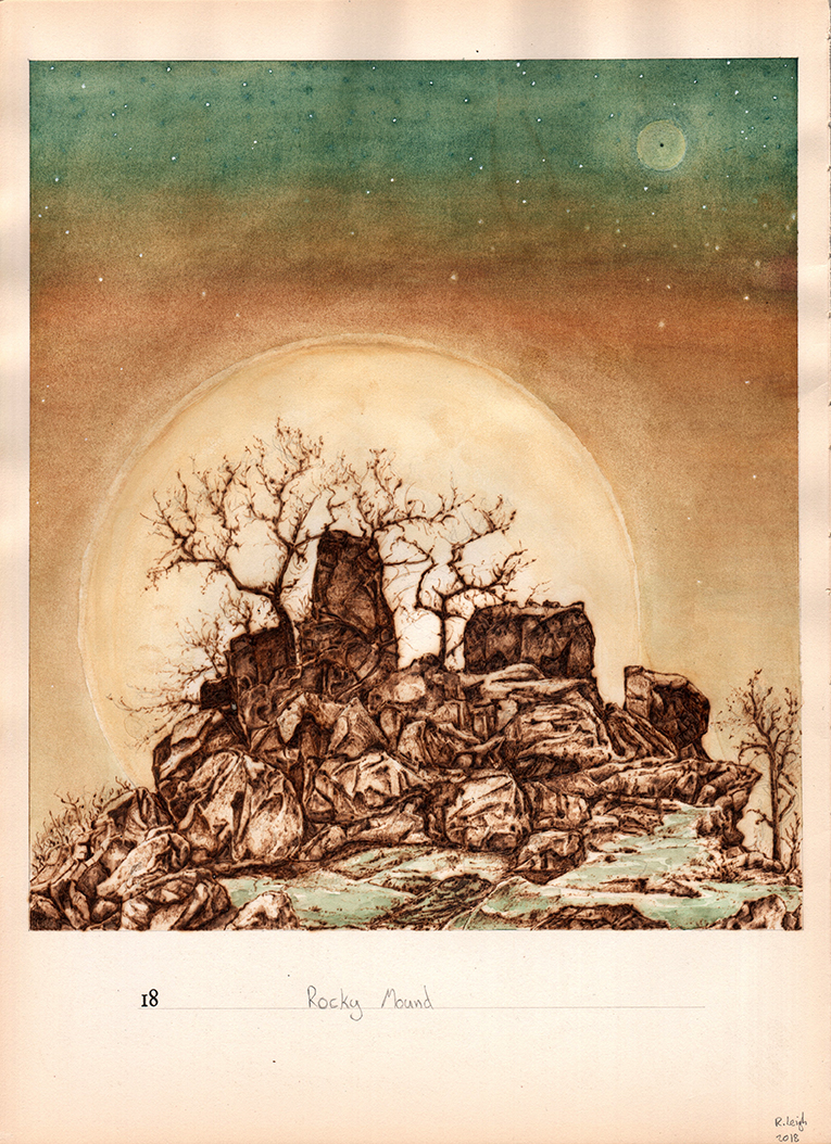 Rocky Mound, graphite, watercolour, gouache and pyrography on found paper, 37cm x 27cm, 2018