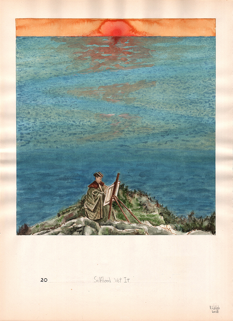 Selfhood Vet It, graphite, watercolour, gouache and pyrography on found paper, 37cm x 27cm, 2018