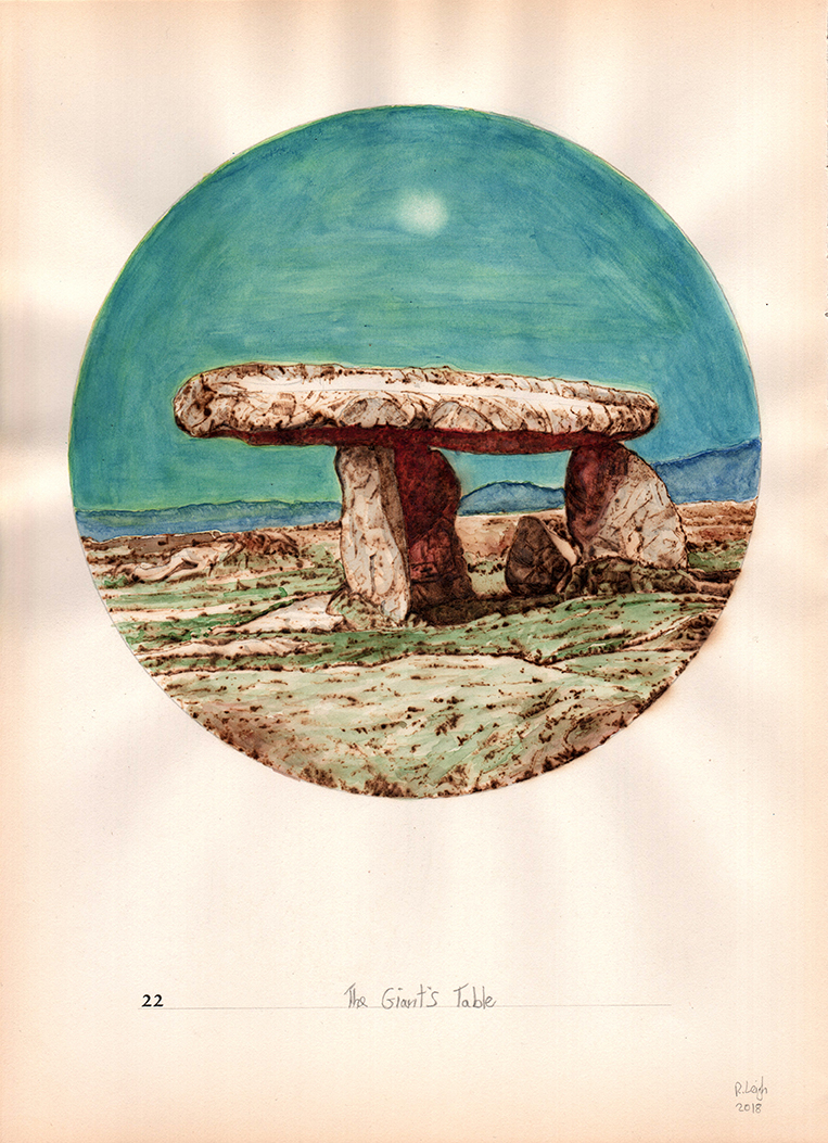 The Giant's Table, graphite, watercolour, gouache and pyrography on found paper, 37cm x 27cm, 2018