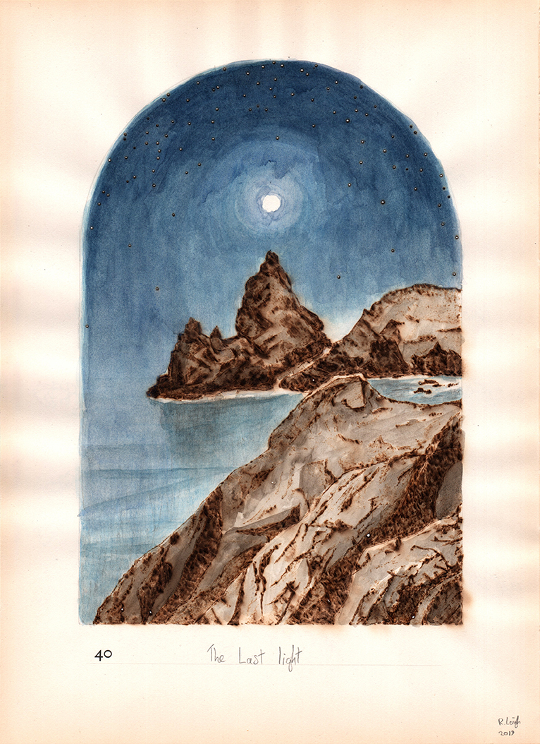 The Last Light, graphite, aquarelle, watercolour and pyrography on found paper, 37cm x 27cm, 2019