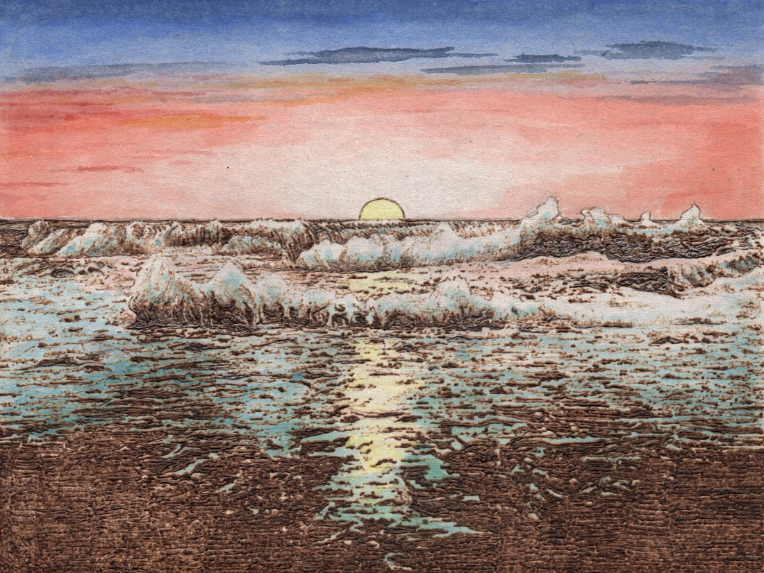 The Old Man and The Sea, graphite, watercolour and pyrography on cardboard, 21cm x 29.7cm, 2018