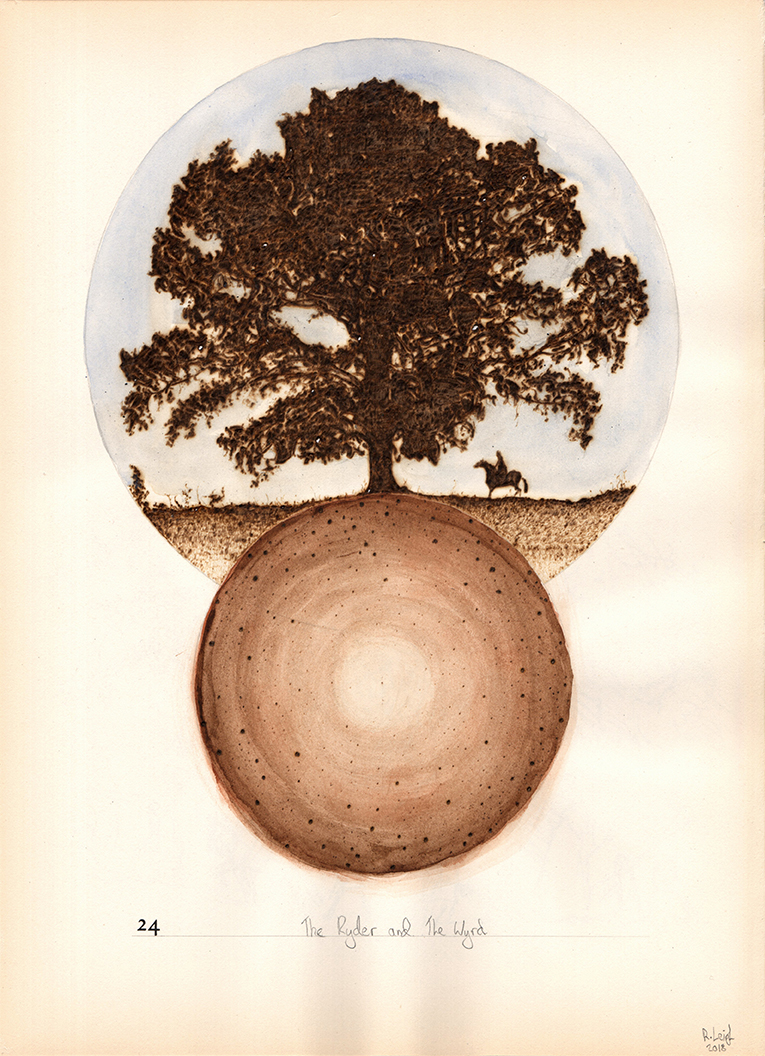 The Ryder and The Wyrd, graphite, watercolour and pyrography on found paper, 37cm x 27cm, 2018