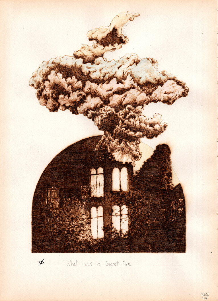 What was a secret fire, graphite, watercolour and pyrography on found paper, 37cm x 27cm, 2018