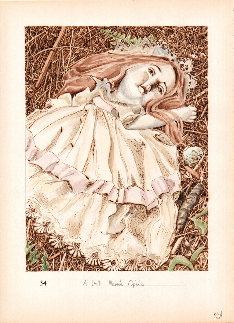 A Doll Named Ophelia, graphite, watercolour and pyrography on found paper, 37cm x 27cm, 2019