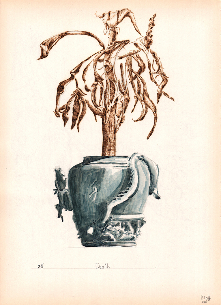 Death, graphite, watercolour and pyrography on found paper, 37cm x 27cm, 2019