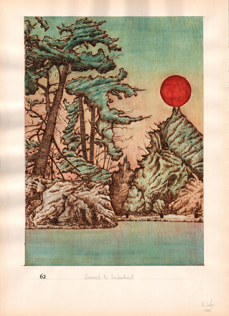 Doomed to Enchantment, graphite, aquarelle, watercolour and pyrography on paper, 37cm x 27cm, 2019