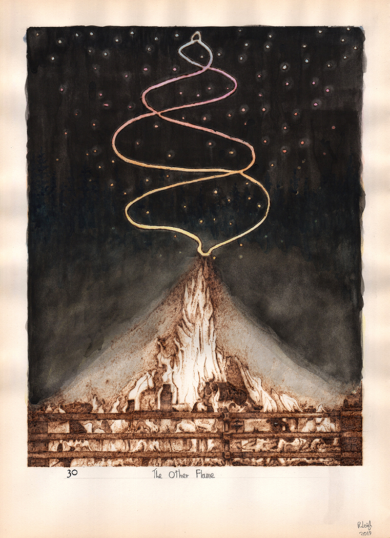 The Other Flame, graphite, aquarelle, watercolour and pyrography on found paper, 37cm x 27cm, 2019