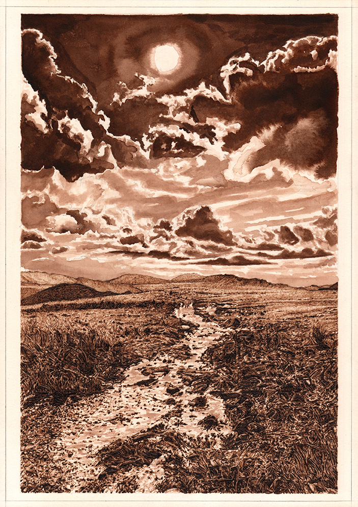 A matter of England (1), graphite, pyrography and ink on tea stained paper, 35cm x 25cm, 2020