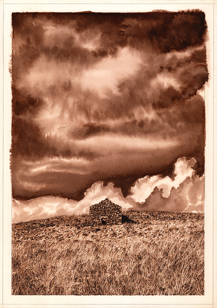 A matter of England (2), graphite, pyrography and ink on tea stained paper, 35cm x 25cm, 2020