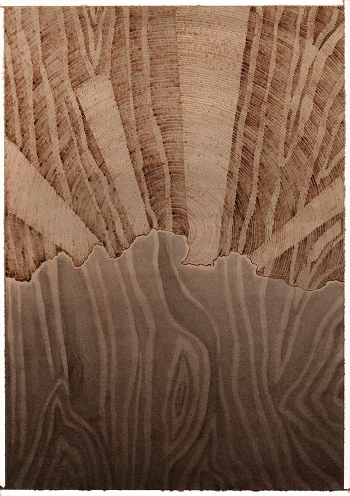 Dark Clouds & Light Rays, Graphite, watercolour and pyrography on paper, 35cm x 25cm, 2019