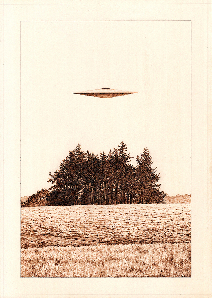 A UFo hovers eerily over a copse of trees in the English countryide.