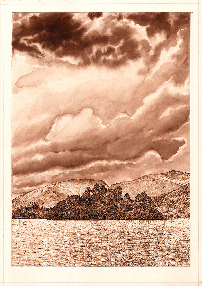 A secluded island in the centre of a lake. Vast and turbulent sky above.