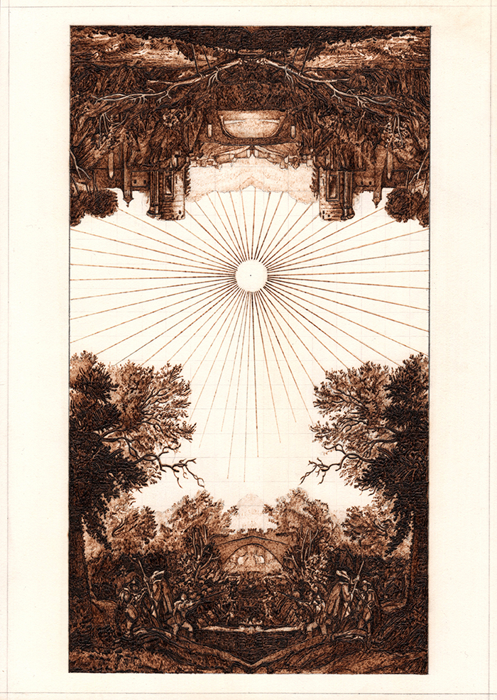 Brilliant sun and sun rays in centre of image. The landscape is split then mirrored horizontally. The pleroma, gnostic philosophy.