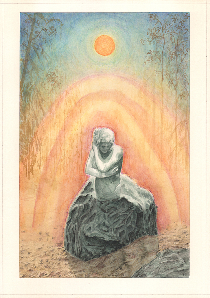 A woman emerging from a rock with mysterious light.