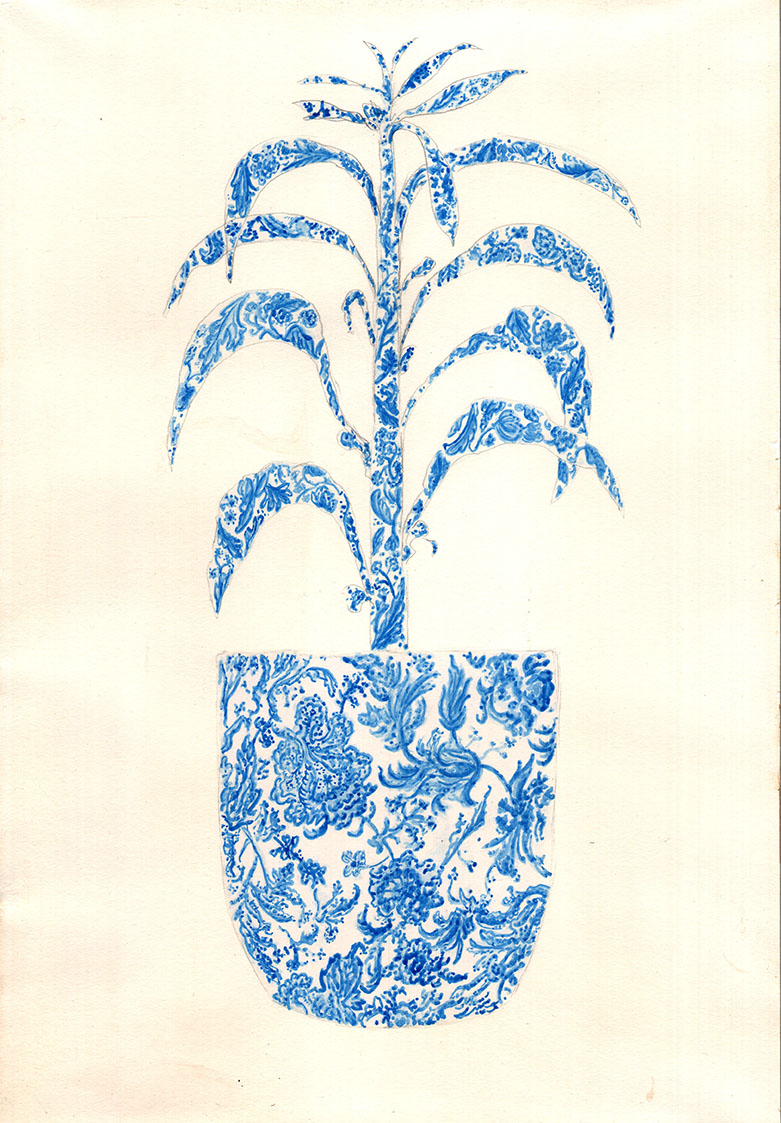 Plant with pot Graphite and watercolour on tea stained paper 40cm x 27.5cm 2021