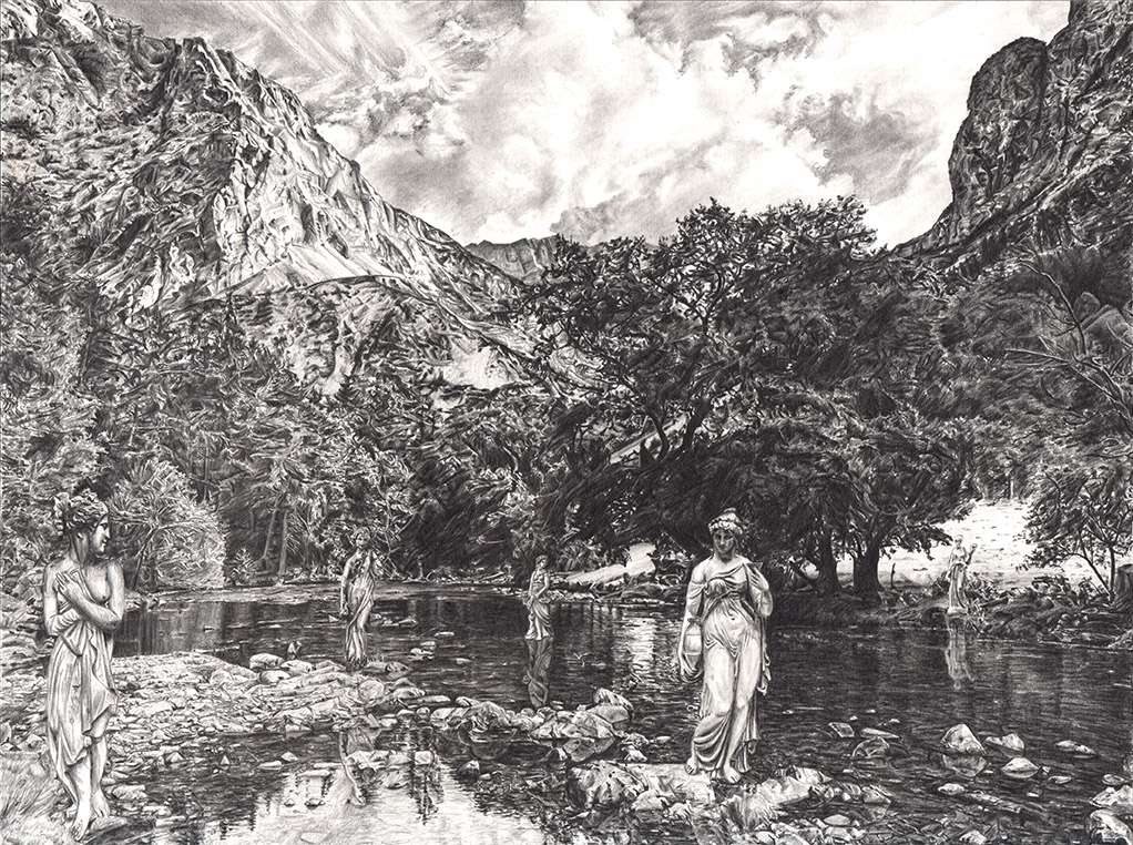 Sisters of Aquarius, graphite on paper, 27cm x 35.9cm, 2023